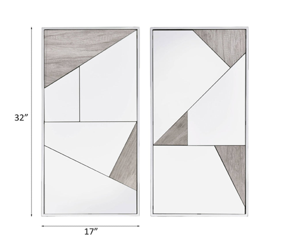 English Elm Chafik Geometric Wall Mirror Set Sculptural Chrome Frame with Oak Inlay Accent B2726P457133