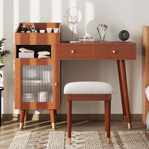 English Elm Modern Makeup Vanity Desk with Reeded Glass Door, 4-Compartment Cubby, Charging Port & Stool Comfortable Craftsmanship for Compact Spaces Walnut N844P285187W