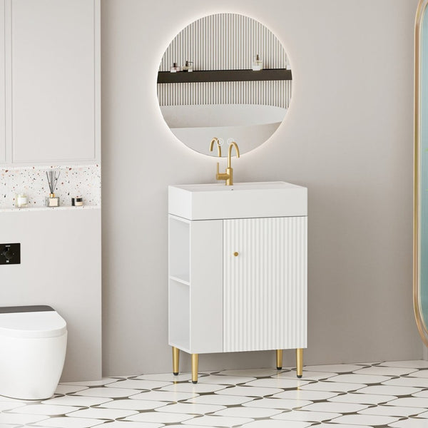 English Elm 21.6" Bathroom Vanity with Ceramic Sink Open Shelf Wave Door White Finish W1573S00019