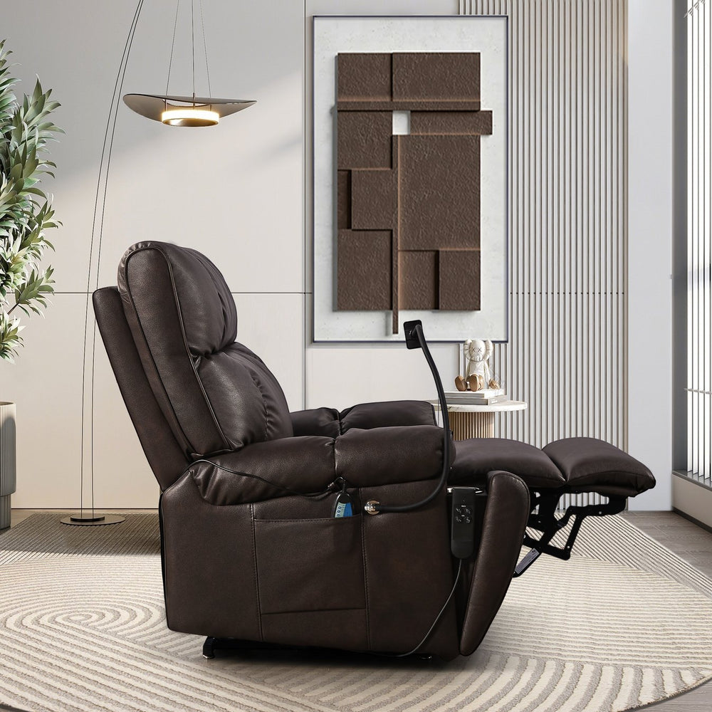 English Elm Recliner Power Lift with Dual OKIN Motors, Massage & Lumbar Heat, Infinite Recline, Cup Holders Brown W820S00023