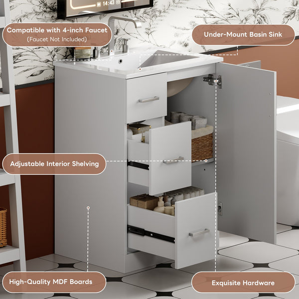English Elm 24" Modern Bathroom Vanity with Under-Mount Sink, Vertical Stripe Design, 2 Drawers & Soft-Close Cabinet White N710P288936K