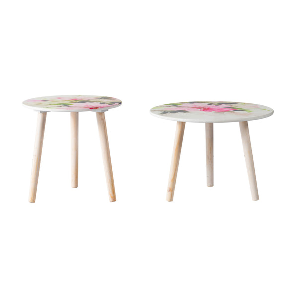 English Elm S/2 Side Tables with Watercolor Floral Tops, Nature-Inspired Accent Nesting Tables for Living Room Pink+White W2078P180405