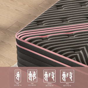 English Elm Twin Hybrid Mattress 10 Inch Pocketed Coil Memory Foam Medium Firm Sleep Support Pink+Black W2889P423137