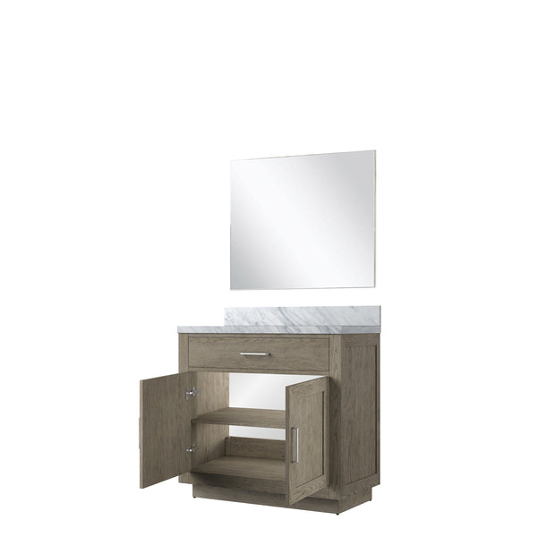 English Elm Grey Oak Single Bath Vanity Set With Carrara Marble Top & 34" Frameless Mirror For Modern Spaces B2731S01398