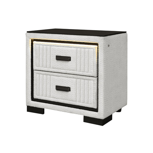 English Elm Isaiah Upholstered White & Black Nightstand with LED Light, Spacious Drawers, Block Feet, Sturdy Build B201P391222