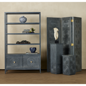 Santos Vintage Navy Storage Etagere - Stylish Mahogany with Rattan for Elegant Home Organization