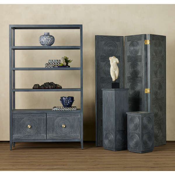 Santos Vintage Navy Storage Etagere - Stylish Mahogany with Rattan for Elegant Home Organization