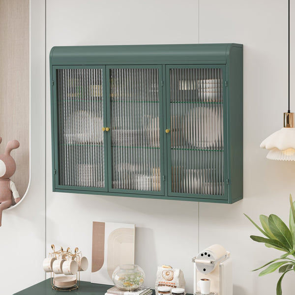 English Elm 3 Door Arched Wall Mounted Glass Cabinet with Wide Top Narrow Bottom Design for Stylish Storage and Display Dark Green W757P221504