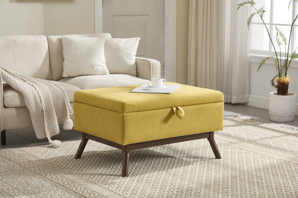 English Elm Mid-century square storage bench with solid wood frame, microfiber upholstery, versatile ottoman seat and tabletop functionality for living room and entryway appeal Yellow W1539P269657