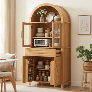 English Elm 71" Arched Glass Barn Door Pantry Cabinet Farmhouse Mdf Storage for Kitchen Dining Oak W2917S00017
