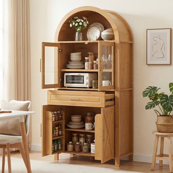 English Elm 71" Arched Glass Barn Door Pantry Cabinet Farmhouse Mdf Storage for Kitchen Dining Oak W2917S00017