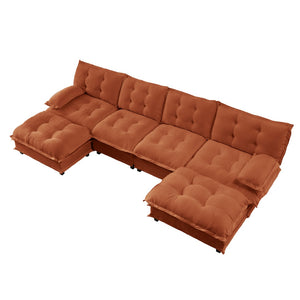 English Elm 138" U-shaped Chenille Cloud Sectional with Ottomans Deep Seat Modular Living Room Sofa Orange W714S01742