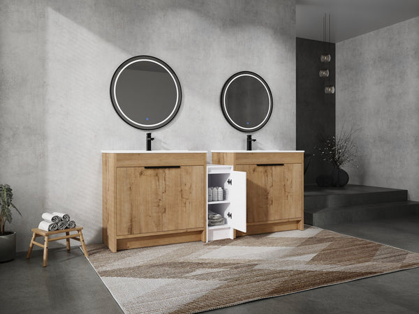 English Elm 84 Inch Freestanding Bathroom Vanity with Integrated Resin Sink, Soft-Close Doors, Shelves & Extra Storage Space Glossy White,Imitative Oak W999S00325