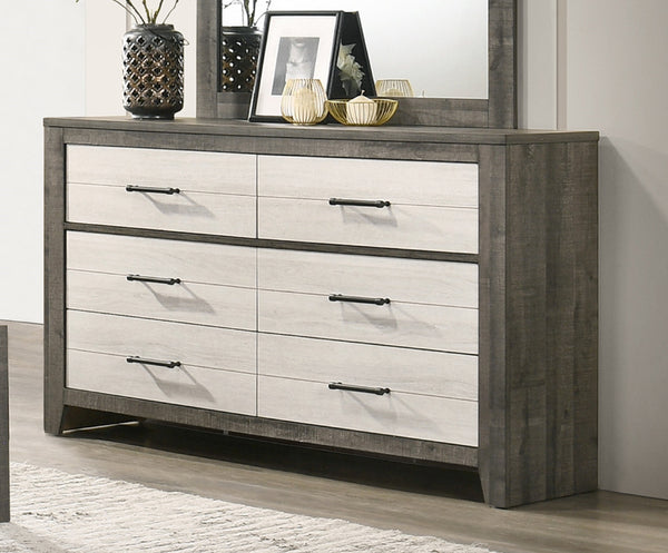 English Elm 1pc Two-Tone 6-Drawer Dresser 58.3" Wide Gray Beige Modern Bedside Storage Metal Pull Handles B2741P343803