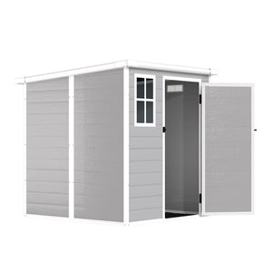 English Elm 6x6 Ft Resin Outdoor Storage Shed with Floor Lockable Doors Window and Vents W1598S00017