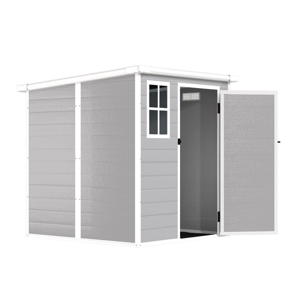 English Elm 6x6 Ft Resin Outdoor Storage Shed with Floor Lockable Doors Window and Vents W1598S00017