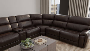 English Elm 6-Piece Performance Fabric Power Reclining Sectional with USB Charging, Hidden Console, Cup Holders Dark Brown B339S00001