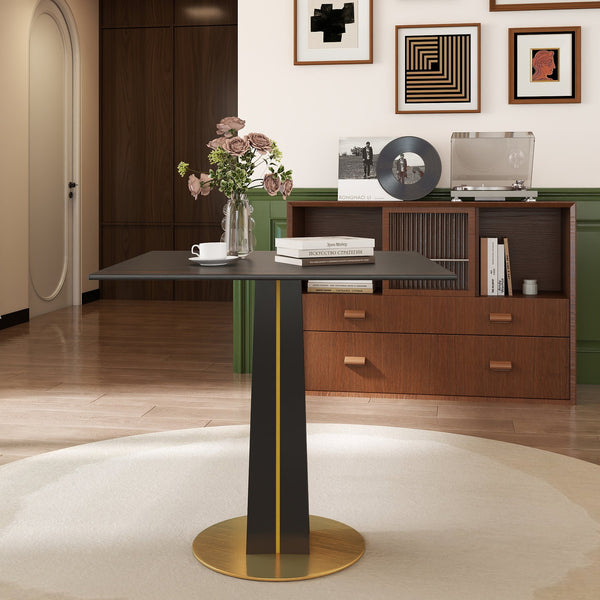 English Elm Modern Square Negotiation Table - 85Cm Black Sintered Stone Top, Elegant Wooden Legs & Gold Base W1535S00587