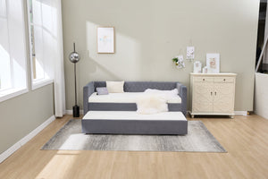 English Elm Grey velvet daybed with diamond-grid pull-out trundle, modern velvet finish, sturdy wooden frame for guest-ready style W1361S00032