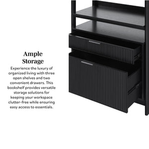 English Elm Walker Edison - Transitional Wide Reeded Bookshelf with Drawers on Bottom for Home Office, Spacious Shelving & Storage Black 75.25 L x 20.63 W x 7 H B185P200187
