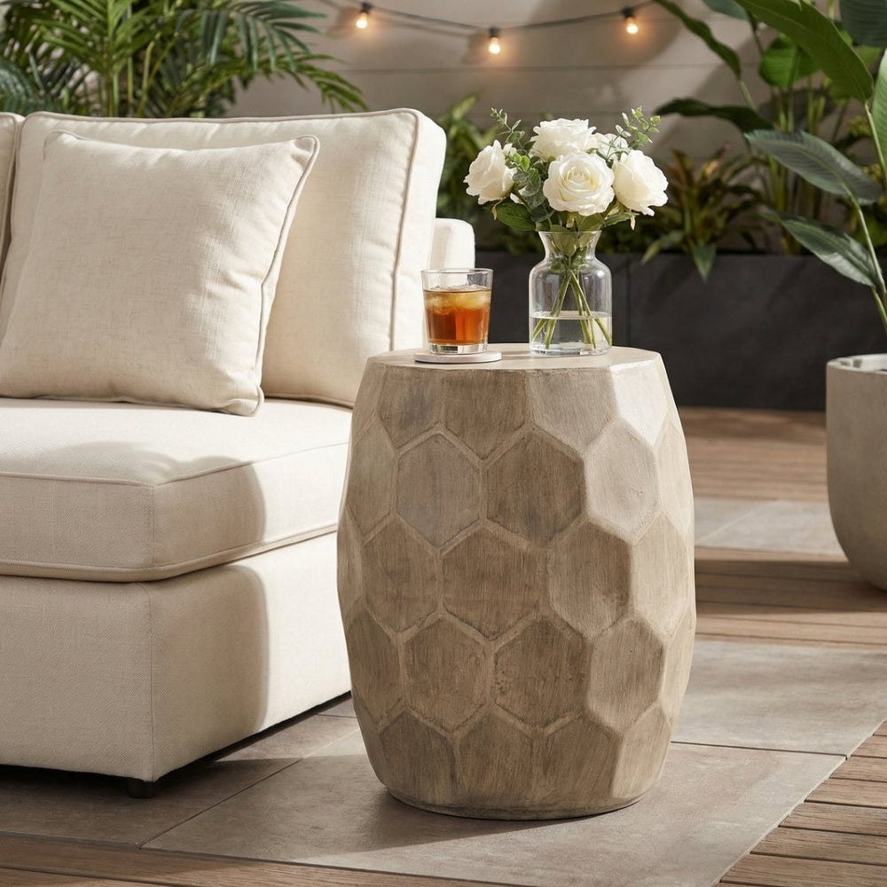 English Elm Outdoor Honeycomb Concrete Barrel Side Table with Organic Sculpted Natural Finish 73443.00