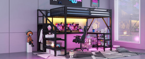 English Elm Metal Queen Loft Bed with L Shaped Desk Wardrobe Rgb Lighting and Usb Charging W2593S00065