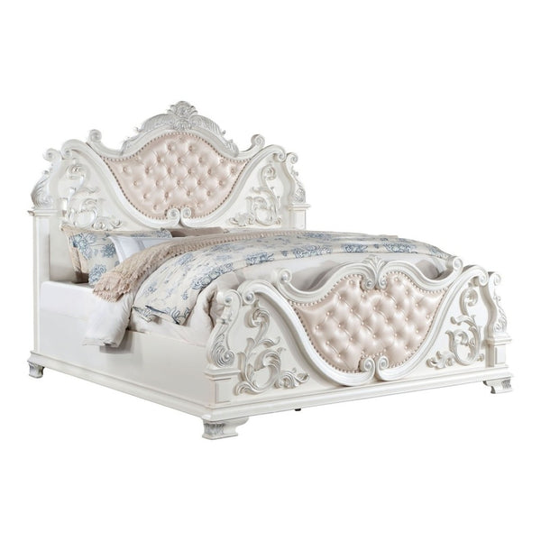 English Elm Luxurious Eastern King Bed Brown Cherry Baroque Tufted Leatherette Carved Wood Frame B2741S00810