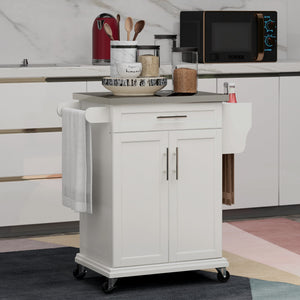 English Elm HOMCOM Kitchen Island Cart with Stainless Steel Top, Wine Rack, Drawer & Rolling Wheels for Easy Storage and Serving Cream White W2225P229694