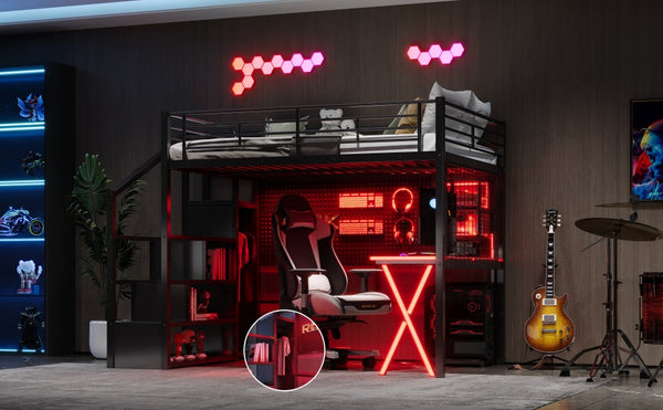 English Elm Full Full Size Metal Loft Bed with Built-In Desk, Wardrobe & Stair Storage, LED Lights, Space-Saving Black GX000663AAB