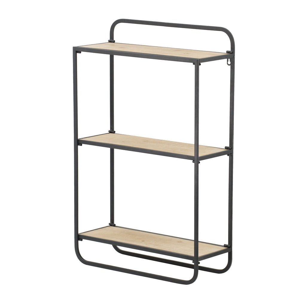 English Elm 20x8X32" Three-Tier Wood Wall Shelf with Rustic Natural Planks & Black Metal Frame for Stylish Storage and Display W2078P205294