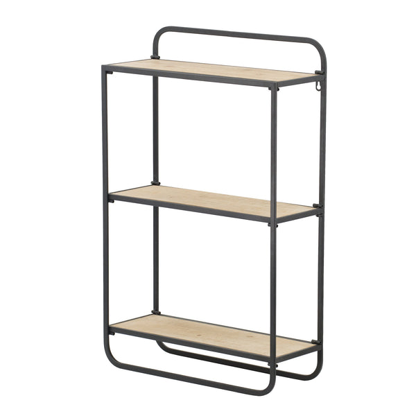 English Elm 20x8X32" Three-Tier Wood Wall Shelf with Rustic Natural Planks & Black Metal Frame for Stylish Storage and Display W2078P205294
