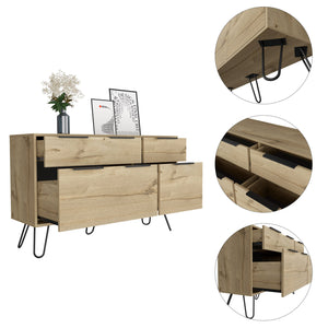 English Elm Augusta Mid-Century Double Dresser with Superior Top & Hairpin Legs, 4 Drawers Light Oak, Stylish Storage B200S00380