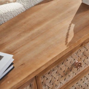 English Elm Rattan Mid-Century TV Stand 63.8" for TVs up to 65" — Rattan Doors, 2 Drawers, Adjustable Shelf, Cord Management W3040P382306