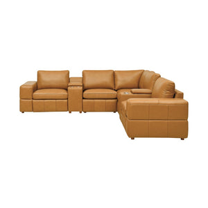 English Elm Premium Leather Match Sectional with Dual Recliners Cup Holders and Storage Console Ginger B2748S00153