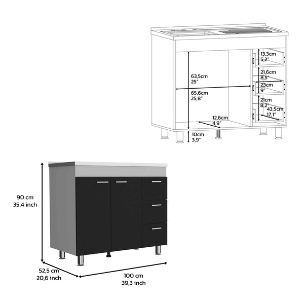 English Elm Base Double Door Cabinet with Three Drawers, Faucet Hole, Engineered Wood, White & Black Finish B097S00136