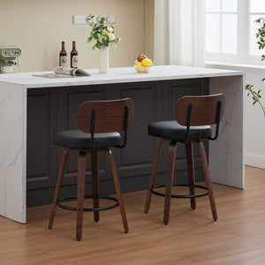 English Elm Swivel 26" Upholstered Counter Stools Set of 2 with Walnut Bentwood Back, PU Comfort Seat & Swivel Footrest Black W1143P300155