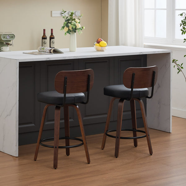 English Elm Swivel Mid Century Counter Stools Set of 2 with 360° Swivel, Walnut Bentwood Back and PU Seat Black W1143P300155