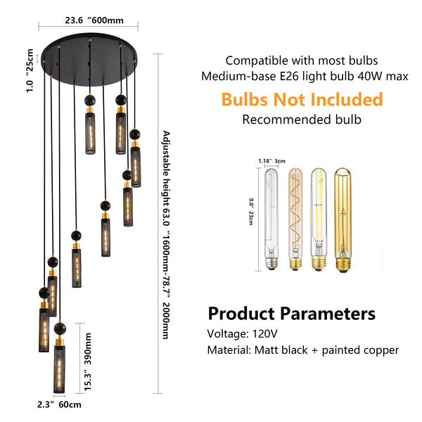 English Elm 24" Modern Industrial 9-Light Pendant Chandelier — Black & Gold Iron Mesh Shades, Adjustable Ceiling Fixture for Living Room Dining Staircase W1340P233176