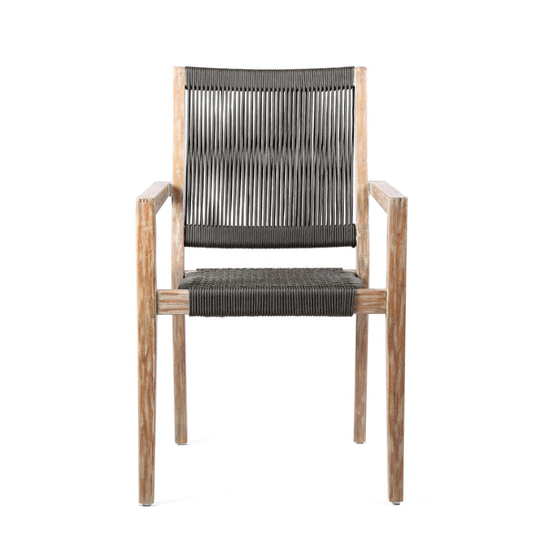 English Elm Madsen Eucalyptus Wood Dining Chairs Set of 2 — Tall Back Charcoal Rope, Gray Teak Finish, UV-Resistant Comfort B2736P354402