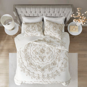 English Elm 3 Piece Tufted Chenille Comforter Set In Ivory/Taupe - Cozy King/Cal King Bedding For Elegant Style B03597182