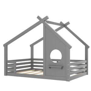 English Elm Twin House Bed Low Profile Pine Wood Frame with Shelf Montessori Kids Floor Sleeping Gray W5305P429646
