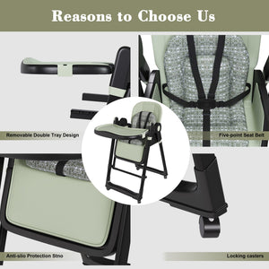 English Elm Convertible Baby High Chair to Rocker with 5-Point Harness, Foldable Feeding Seat, Quiet Wheels, Easy-Clean Tray and Adjustable Recline for Infants and Toddlers Dark Green W2699P371975