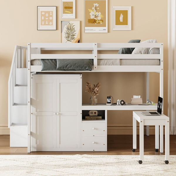 English Elm Queen Murphy Bed with Integrated Desk Cabinet Shelves Space Saving Studio Solution White N708S00014K