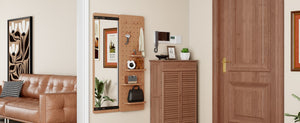 English Elm 47.6 Inch Rubberwood Wall Mirror with Sliding Panel Storage for Bedroom or Entryway W2987P438124