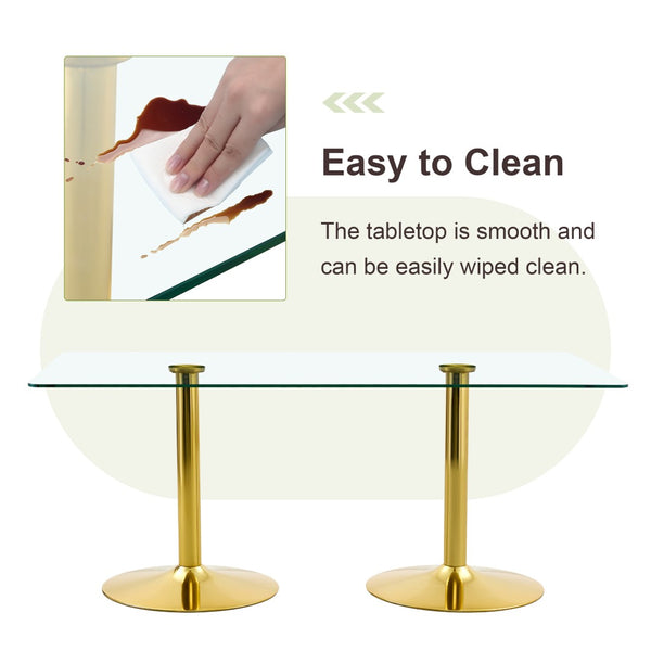 English Elm Table Set Oval Tempered Glass Top Gold Column Base with Eight Pu Leather Dining Chairs Transparent,White+Gold W1151S04774