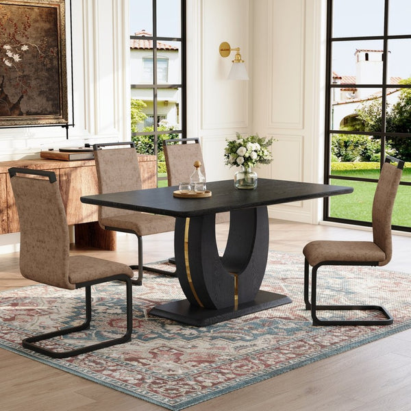 English Elm Black Wood Grain Mdf Dining Set Seats Four with Brown Fabric Upholstered Chairs W1151S04443