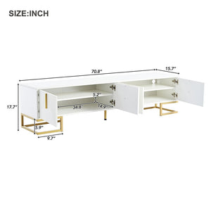 English Elm ON-TREND Modern TV Stand with Geometric Doors, Gold Metal Base, Adjustable Shelves & Cable Management White+Gold WF325614AAK