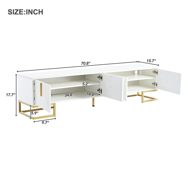 English Elm ON-TREND Modern TV Stand with Geometric Doors, Gold Metal Base, Adjustable Shelves & Cable Management White+Gold WF325614AAK