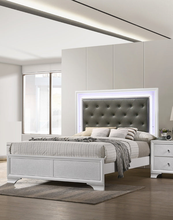 English Elm Modern White Crocodile Skin Finish King Bed with LED Backlit Diamond Tufted Upholstery Glam Centerpiece B011S01152