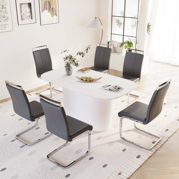 English Elm 63 Inch Cream Mdf Dining Table and Pu Leather Chair 7 Piece Set for Modern Homes W2189S00881